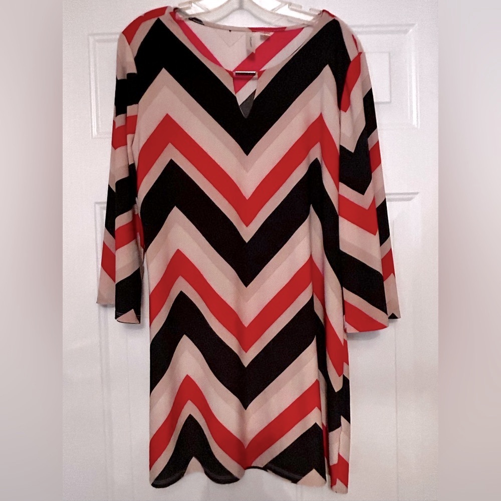 Tacera Chevron LS Dress L Red Black Lightweight Career Wedding Geometric